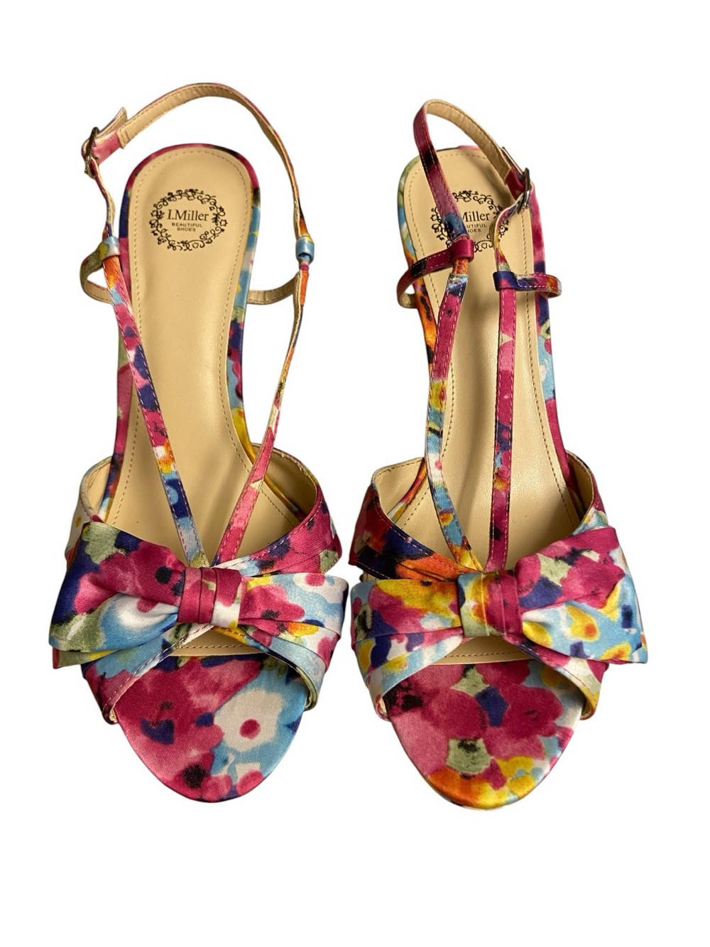 L. Miller Floral Bow T-Strap Heels in Multicolor